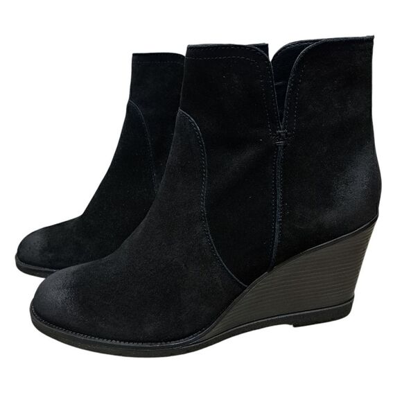 Kenneth Cole Reaction Dot-Ation Leather Suede Wedge Ankle Bootie Sz 11 Black - Picture 13 of 16